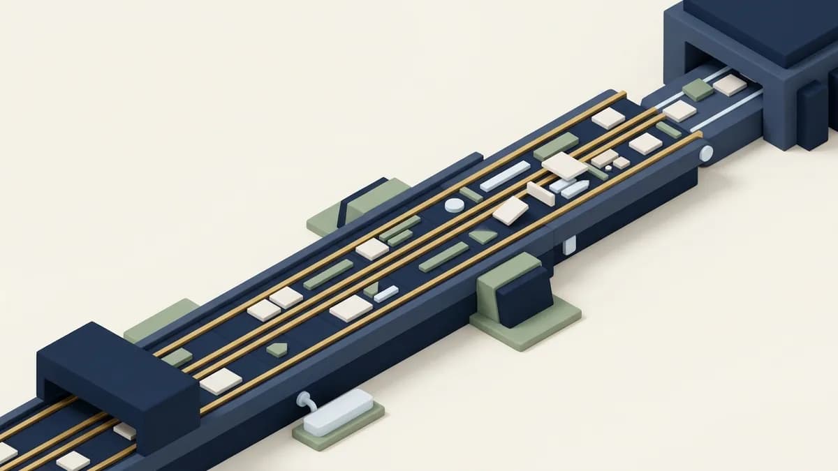 A conveyor launching many pages at once along gold tracks toward the index