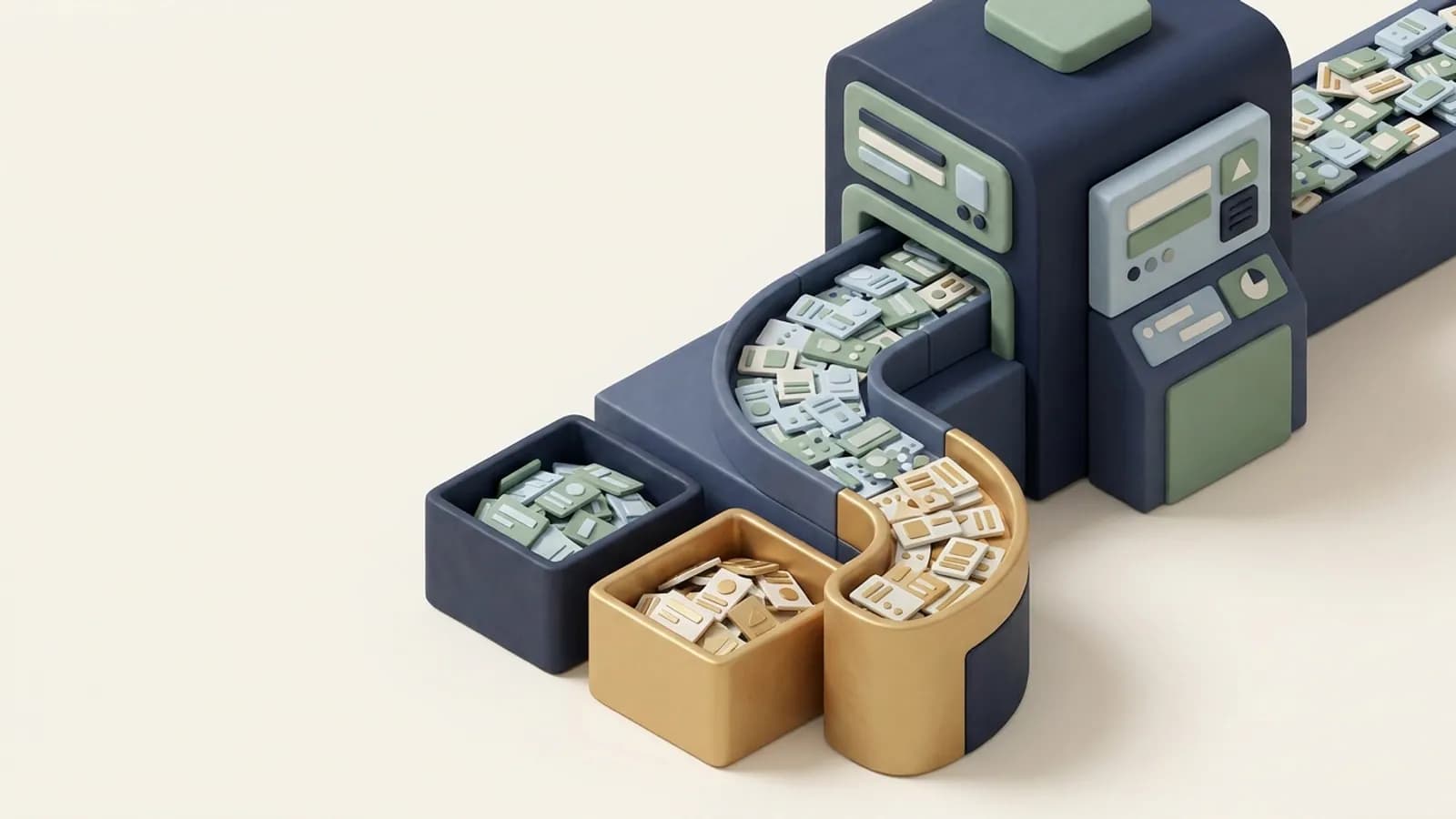 A sorting machine splitting a stream of thousands of pages into a gold bin and a grey bin