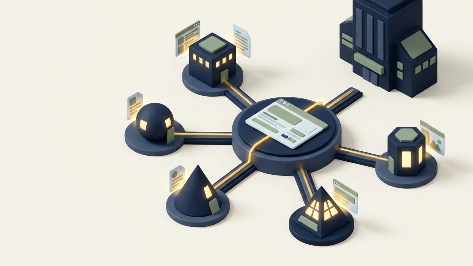 A web page sending one signal along a network to several receiving stations that light up, while a separate distant building stays unconnected