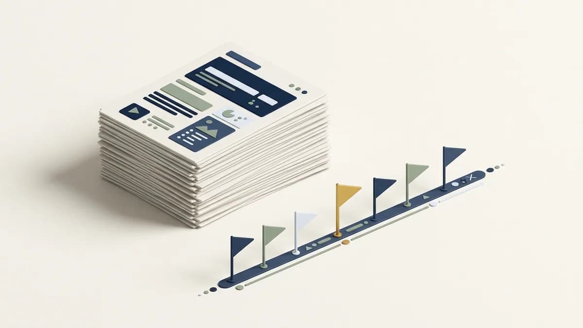 A stack of documentation pages beside a release timeline with marker flags