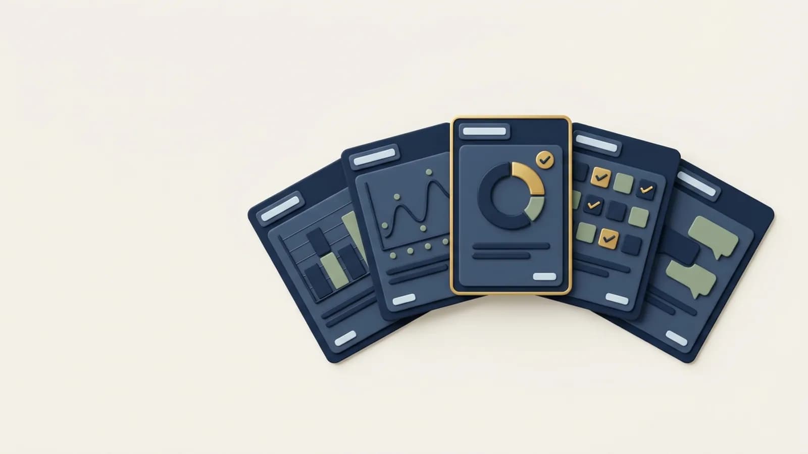 Five report templates fanned out, each with a different chart
