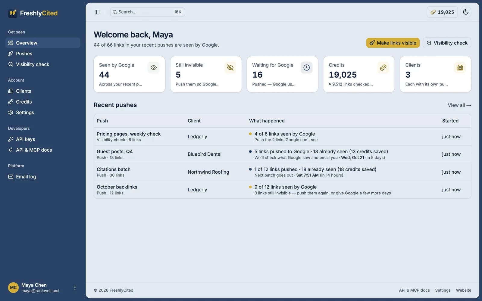 The FreshlyCited dashboard: links seen by Google, still invisible and waiting for Google, credits, clients and recent pushes