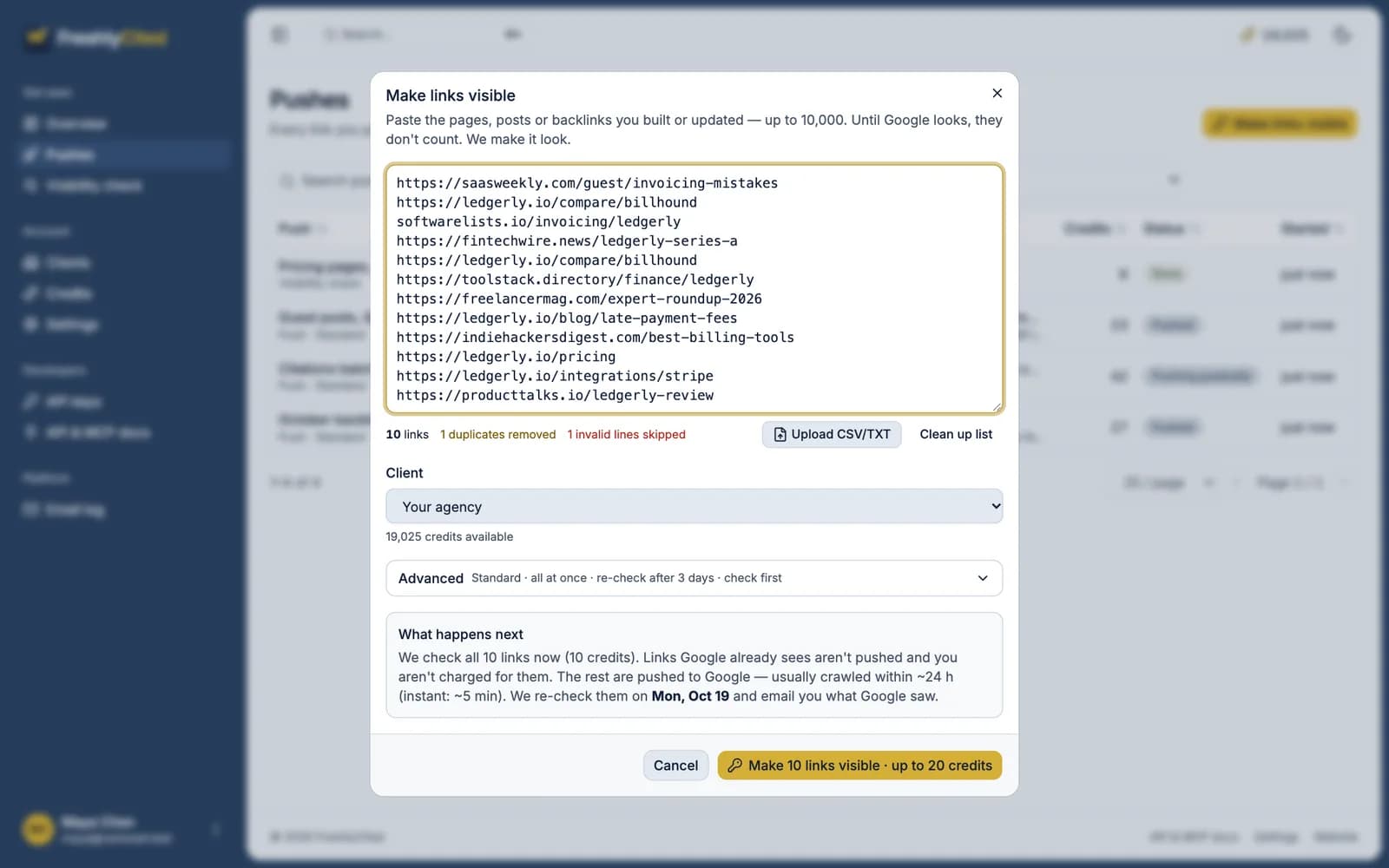 The Make links visible dialog in FreshlyCited: a pasted list of links, the client picker and a What happens next summary before the push